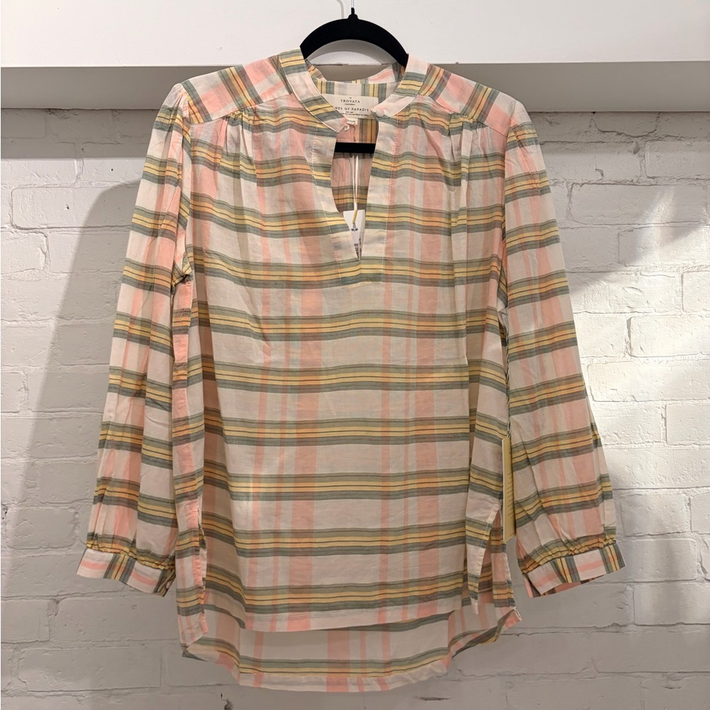 Trovata Light Pink Plaid Split-Neck Women's Cotton Top NWT